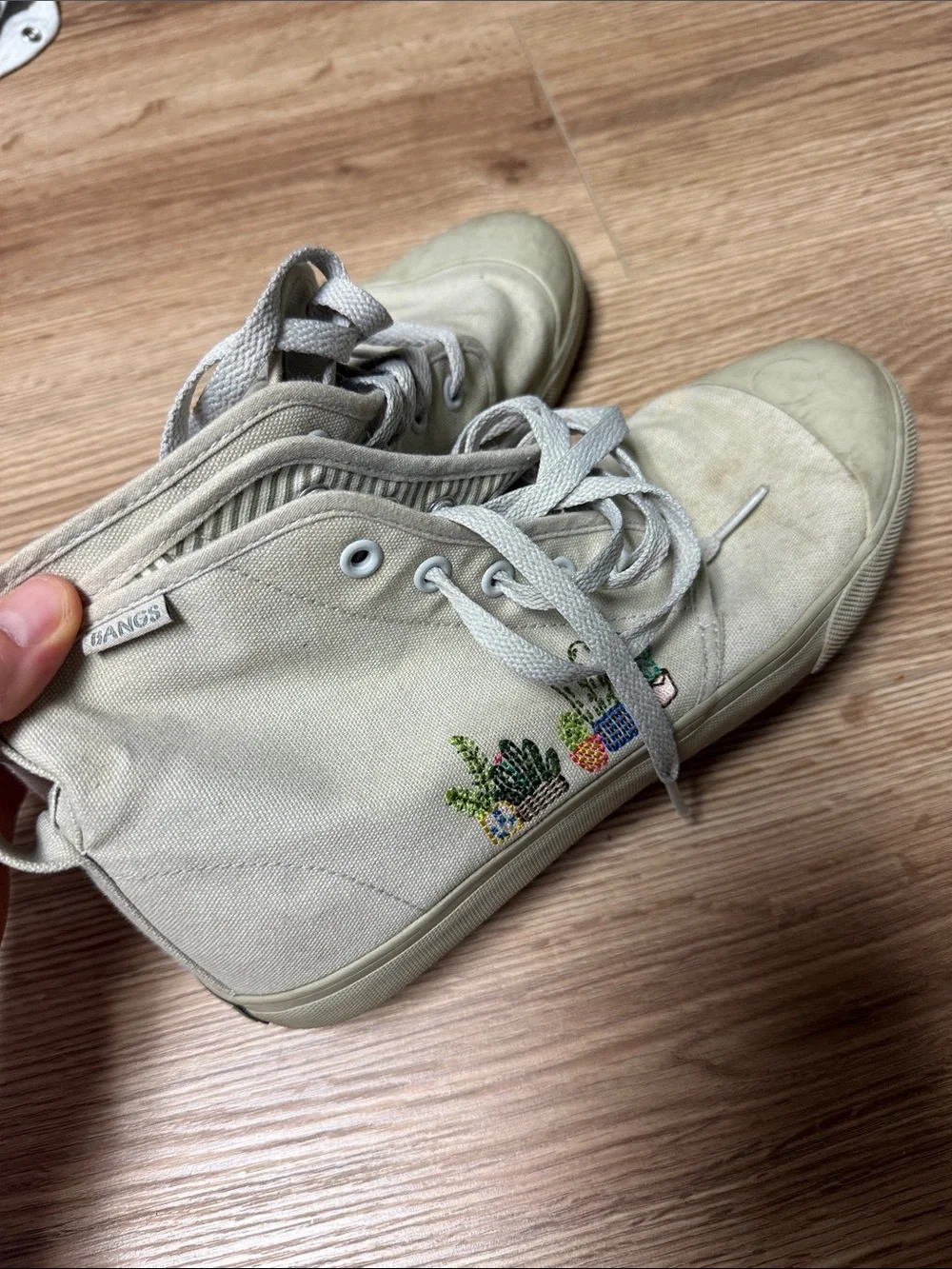 BANGS Women's Beige Canvas High-Top Sneakers with Cactus Embroidery